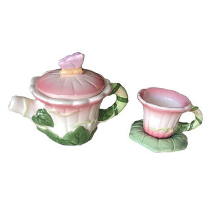 Russ Berrie TINY Pink Tea Set W/Butterfly Lid, Morning Glory Saucer RARE 4 pcs